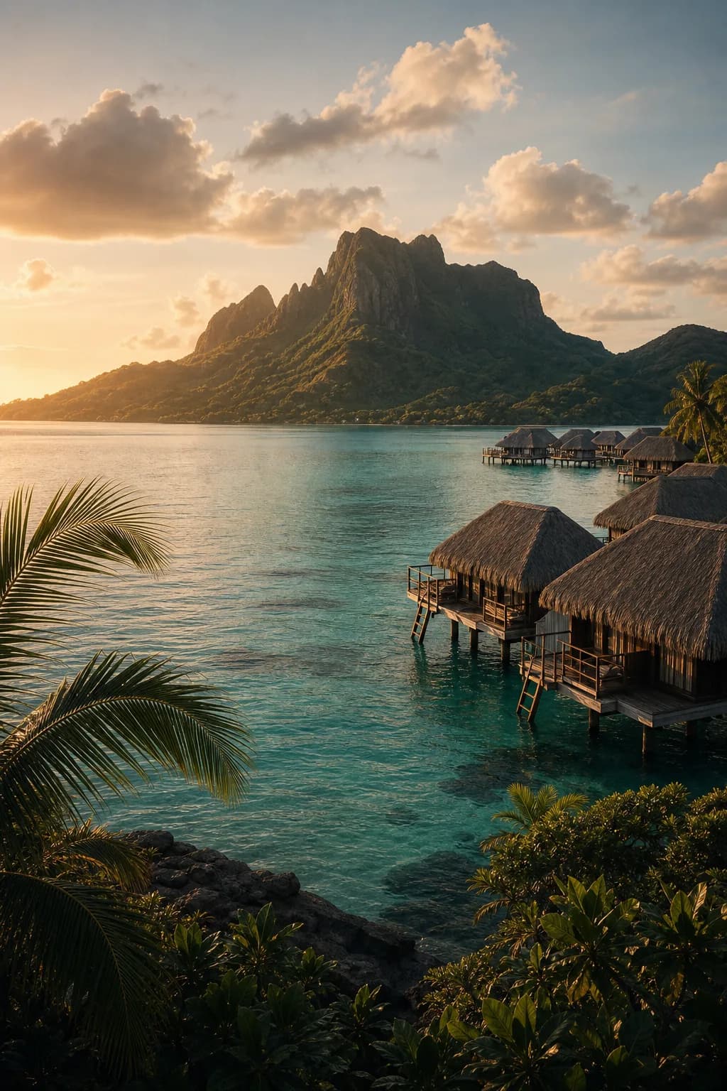 Quiet island retreat with overwater villas and turquoise lagoon.