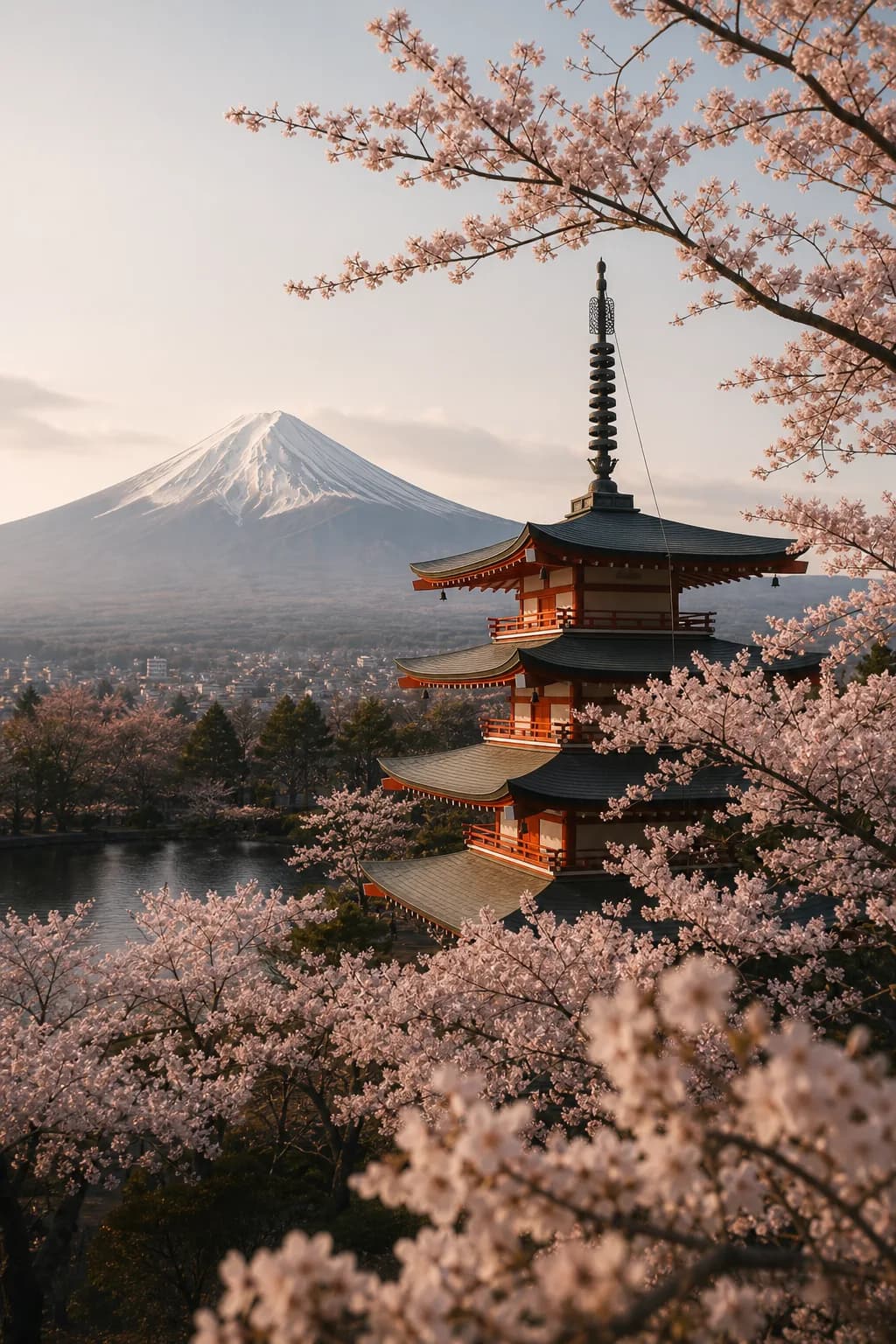 Mount Fuji and cherry blossoms in refined spring light.
