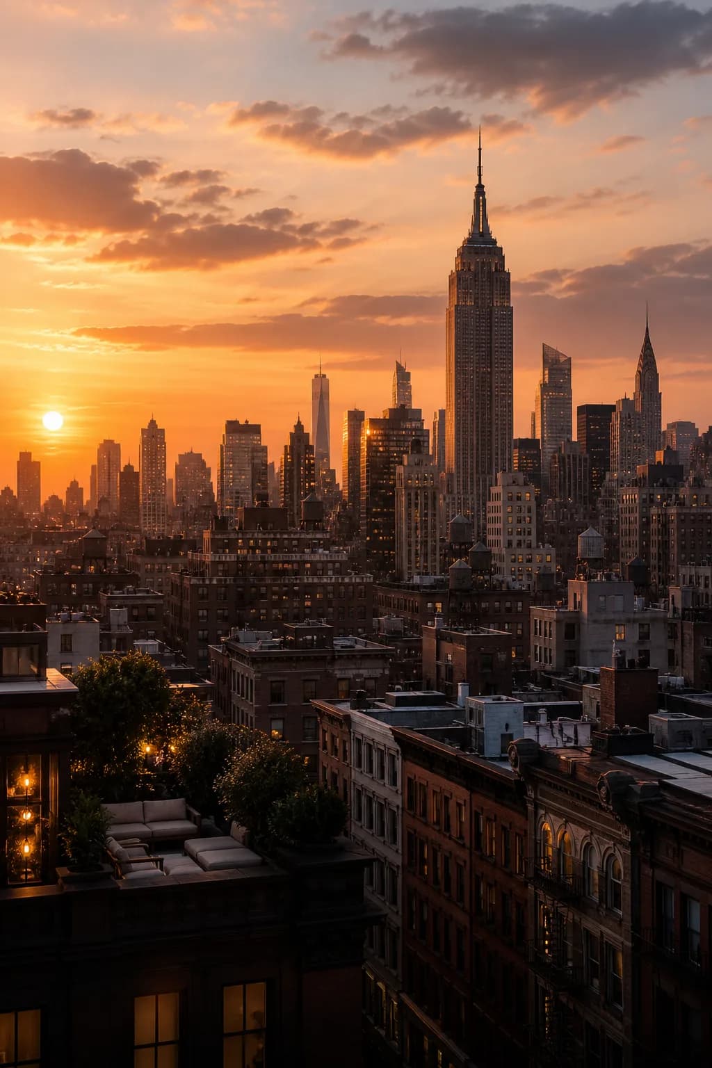 New York skyline in warm sunset light.