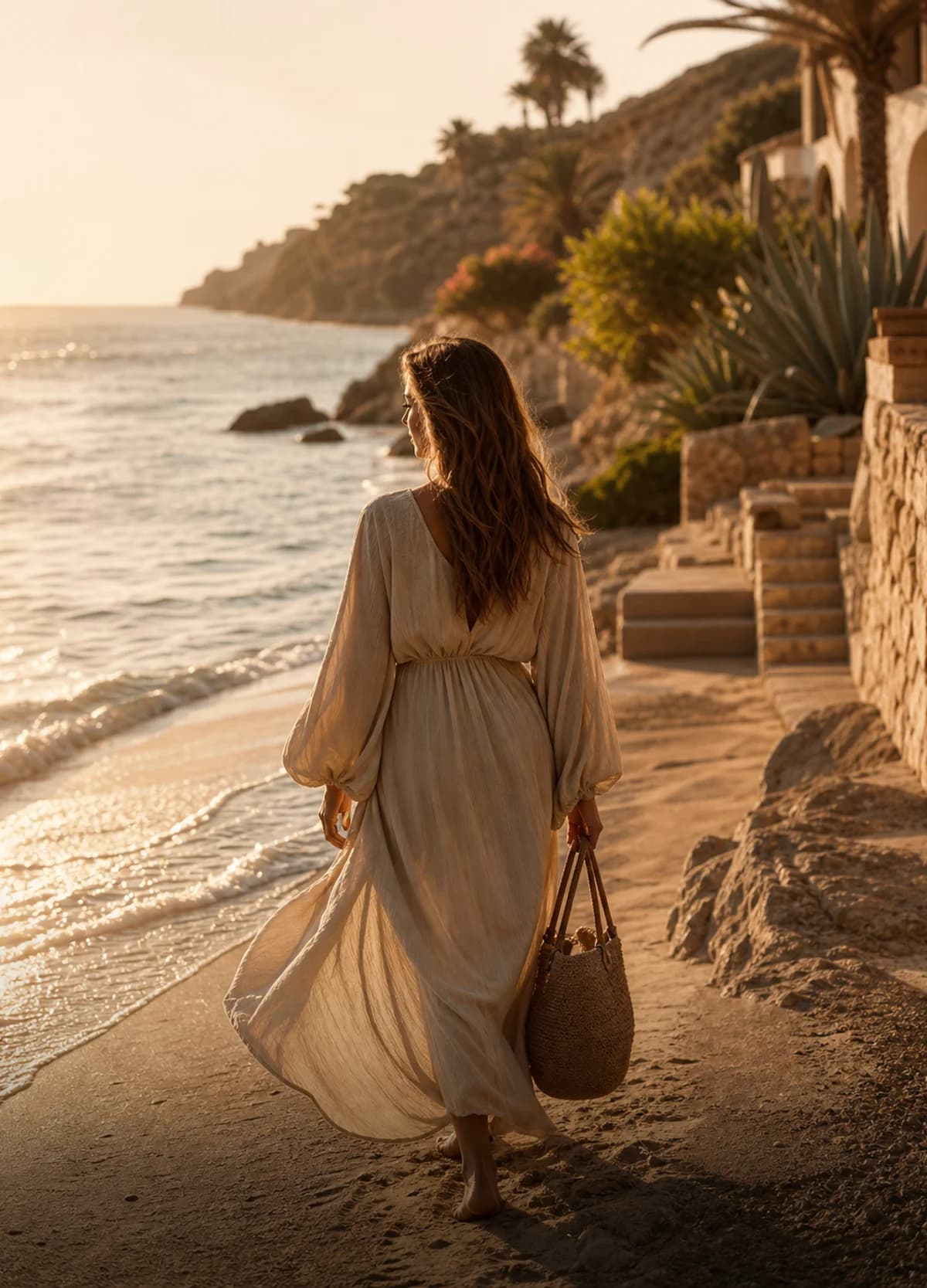 Relaxed traveler walking along a sunlit coastal path in golden light.